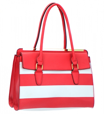 Faux Leather Striped Shoulder Hand Bag T1541 37045 Red